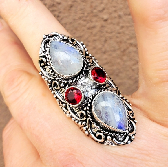 New Rainbow Moonstone & Garnet 925 Silver Statement Ring. - Picture 4 of 14